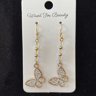 earrings, gold tone rhinestone butterflies RSV