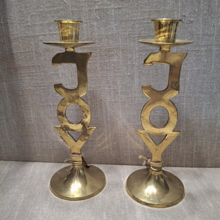 Pair of Vintage Brass JOY Candlestick Holders MTS|124231