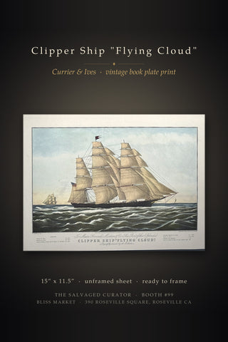 Clipper Ship Flying Cloud Currier Ives Vintage Book Plate Print Mounted Art Decor
