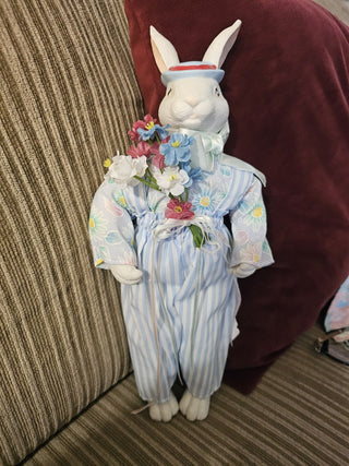 Porcelain fabric bunny w/ Stripe Overall Figurine RSV