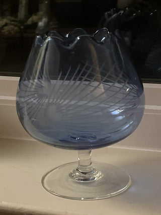 MCM Vtg Etched Pine Needles Blie Glass SNIFTER Vase Rose Bowl WHIMSY w Stem RSV|132810