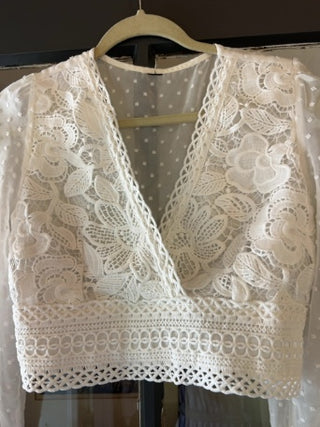 Swiss Dot Contrast Lace Crop Blouse