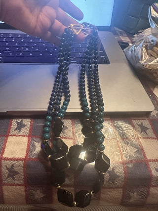3 Tier beaded black, blue and green necklace #62 VV MTS