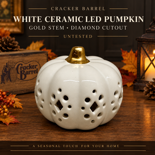 Cracker Barrel White Ceramic LED Pumpkin Gold Stem Diamond Cutout Untested