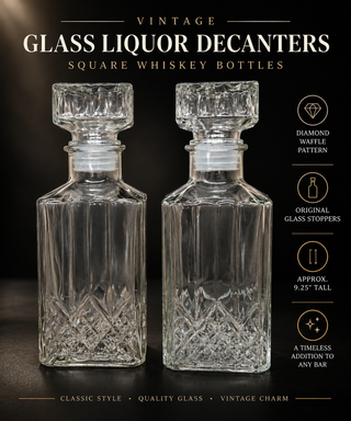 Set of 2 Glass Liquor Decanter Square Whiskey Bottles  9.25"