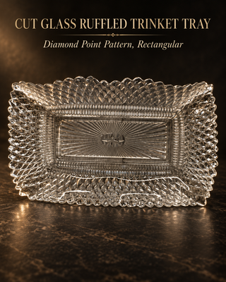 Vintage Clear Cut Glass Trinket Tray Diamond Point Pattern Ruffled Edge Dish