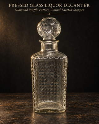 Whiskey Liquor Decanter Diamond Waffle Pattern with Round Stopper Vintage Clear Glass