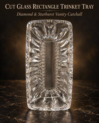 Rectangle Trinket Tray Diamond Cut Starburst Vanity Catchall Vintage Clear Glass 1960-1970