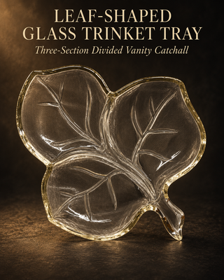 Glass Leaf Shaped Trinket Tray 3 Section Divided Vanity Catchall