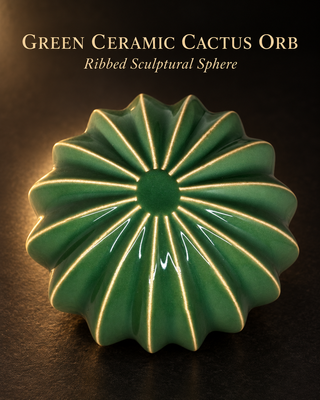 Ceramic Green Cactus Figurine Round Ribbed 3.75"