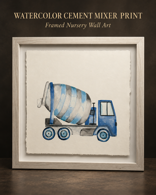 Blue Watercolor Cement Mixer Truck Framed Wall Art Deckled Edge Nursery Poster