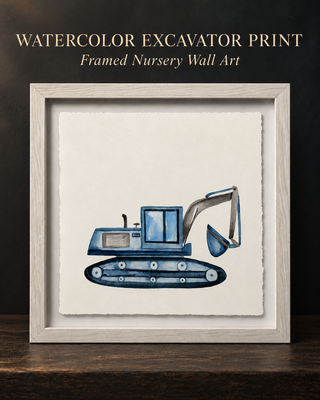 Blue Watercolor Excavator Truck Framed Wall Art 11x11 Nursery Construction Digger