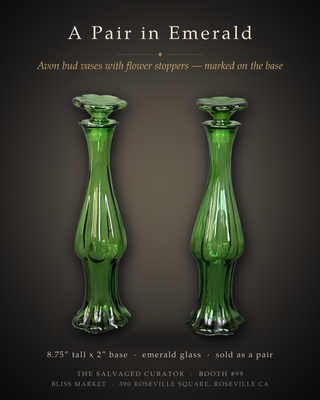 Pair - Avon Emerald Green Glass Bud Vase Flower Stopper Perfume Bottles 2 Vintage