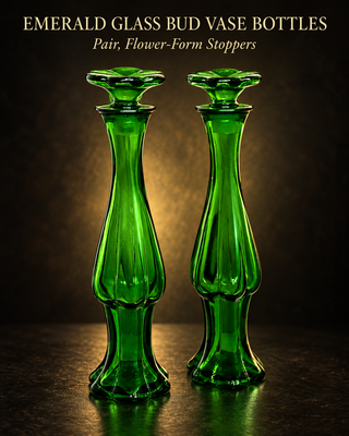 Pair - Avon Emerald Green Glass Bud Vase Flower Stopper Perfume Bottles 2 Vintage