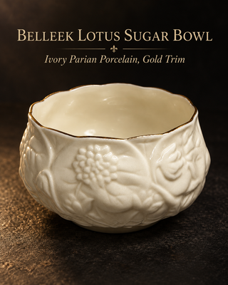 Belleek Ireland Lotus Porcelain Open Sugar Bowl Gold Trim Blue Mark 1993 Vintage
