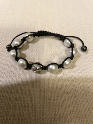 Black macramé, faux pearl bracelet