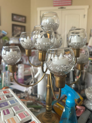 Vtg (1950's) French Brass Candelabra, 9 armed w/glass globes & votives RCD