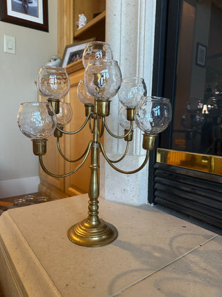 Vtg (1950's) French Brass Candelabra, 9 armed w/glass globes & votives RCD