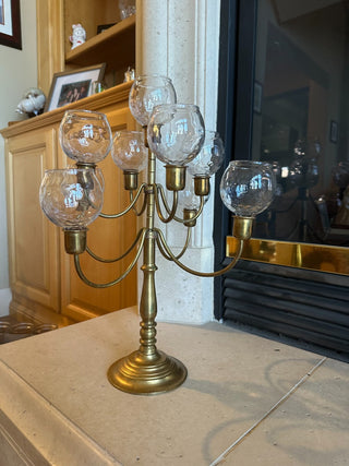 Vtg (1950's) French Brass Candelabra, 9 armed w/glass globes & votives RCD