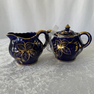 sugar & creamer set, blue & gold RSV