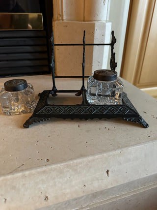 Victorian Ink Well, Cast Iron, etched crystal ink wells w/lids and pen holder (5 pieces)|67421