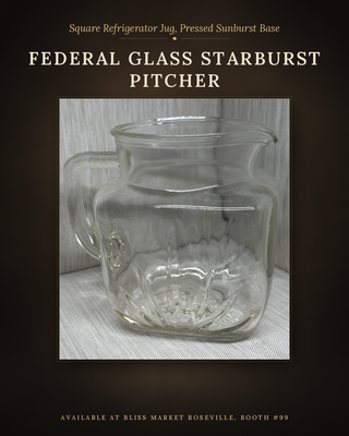 VTG Federal Glass Clear Starburst Pitcher Square Refrigerator Juice Jug As Is