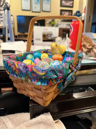 Easter basket w/glitter and decorated eggs and sequin chick tabletop decor 8x10