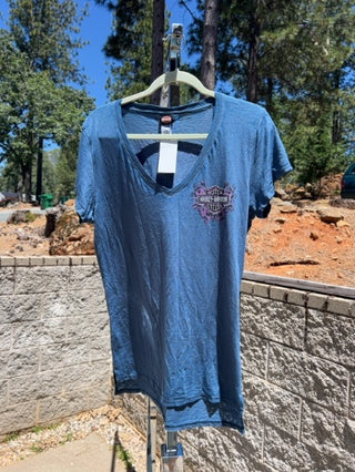NWT Harley-Davidson women's blue v-neck t-shirt featuring a embellished graphic Size L