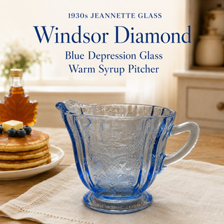 1930s Jeannette Blue Depression Glass Windsor Diamond Warm Syrup Pitcher