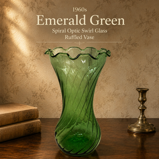 1960's  Emerald Green Spiral Optic Swirl Glass Ruffled Vase