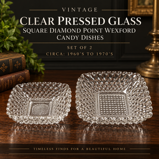 Set of 2 Vintage Clear Pressed Glass Square Diamond Point Wexford Candy Dishes