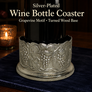 Silver Plated Wine Bottle Coaster Grapevine Motif Turned Wood Base