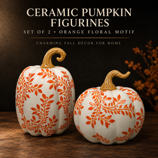 Set of 2 Ceramic White Orange Floral Leaf Fall Pumpkin Decor Figurines