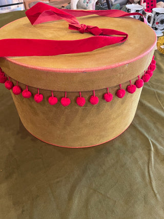 VNTG Green Hatbox w/ Red Pom Poms