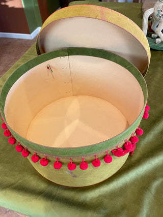 VNTG Green Hatbox w/ Red Pom Poms
