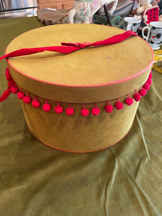 VNTG Green Hatbox w/ Red Pom Poms