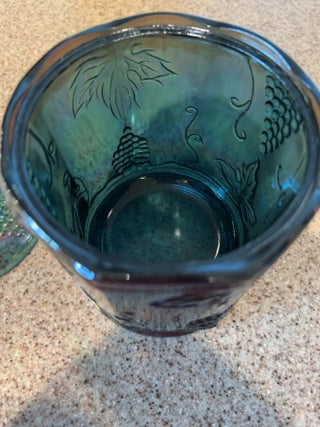 VTG Indiana Blue Glass iridescent carnival glass canister with lid