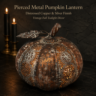 Pierced Metal Pumpkin Tealight Lantern | Distressed Copper & Silver Finish | Fall Farmhouse Candle Holder