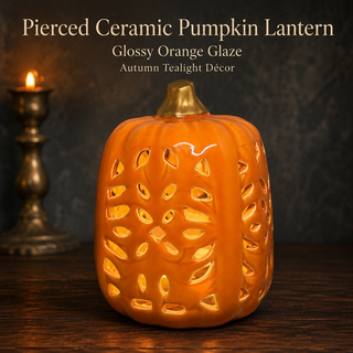 Glazed Ceramic Pierced Pumpkin Lantern | Glossy Orange with Gold Stem | Fall Tealight Candle Holder