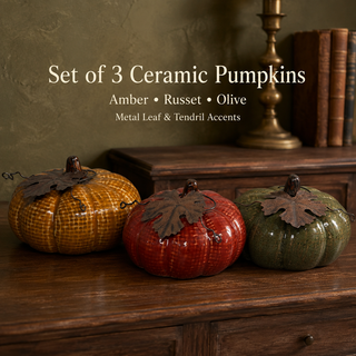 Set of 3 Glazed Ceramic Pumpkins | Woven Texture Finish with Metal Leaf & Vine Accents | Gold, Red & Sage Fall Decor