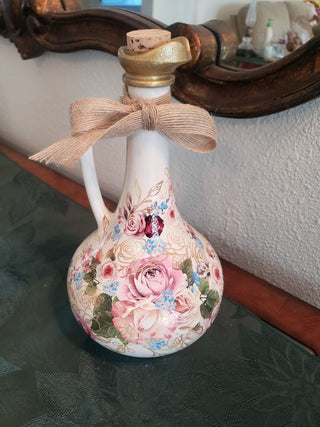 12 inch white wine bottle with flowers, and stenciling|96984