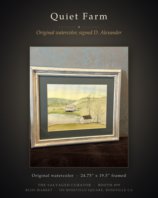 Original Watercolor "Quiet Farm Landscape" | Signed D. Alexander | Ornate White & Grey Frame