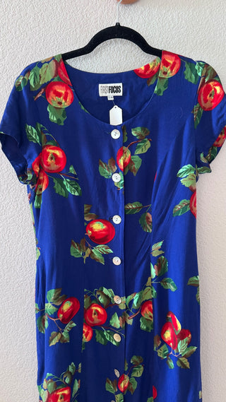 90s apple print dress blue button front MTS|119702