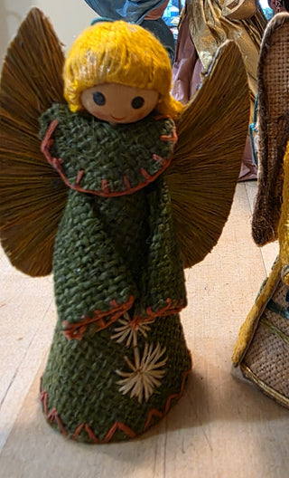 MTS Adorable 60'S/70'S Green Burlap Angel Ornament|123680