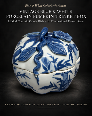 Vintage Blue and White Porcelain Pumpkin Trinket Box - Lidded Ceramic Candy Dish with Dimensional Flower Stem