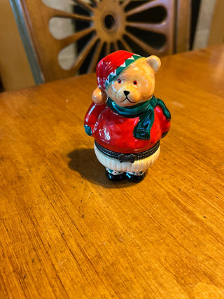 Vintage Porcelain Christmas Bear Hinged Trinket Box RSV|123752