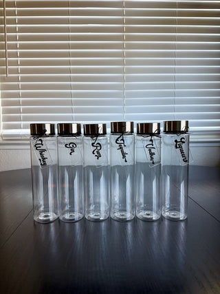 Set of 6 light-weight travel bottles with liquor tags RCD TheCharmingWino