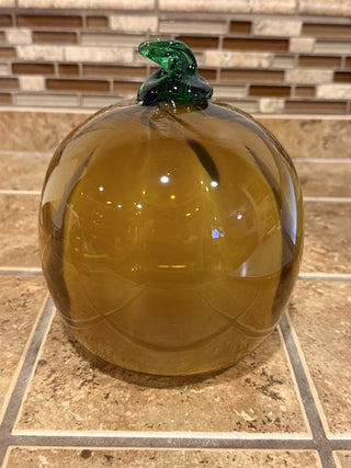 Hand Blown Art Glass Pumpkin & Stem 7” Amber Gold Harvest Fall Decor RCD