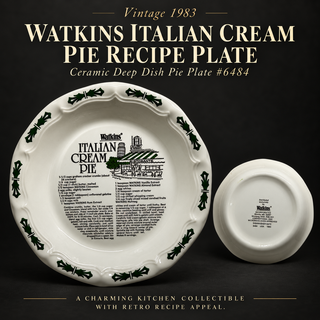 Vintage 1983 Watkins Ceramic Italian Cream Pie Recipe Deep Dish Plate #6484