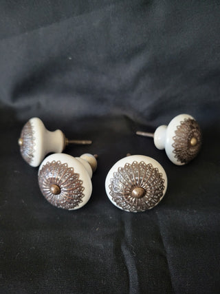White Cabinet Knobs w/Metal Filigree 1-7/8" Set of 4 RCD|99346